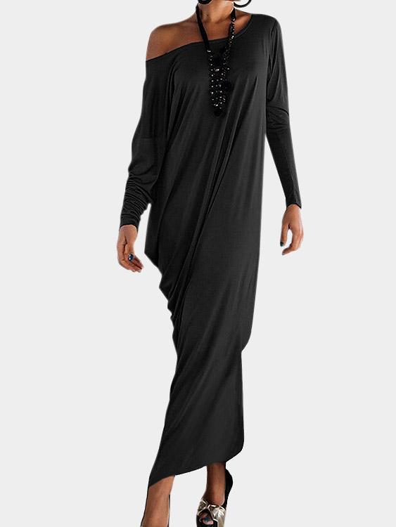 One Shoulder Long Sleeve Plain Slit Hem Casual Dresses