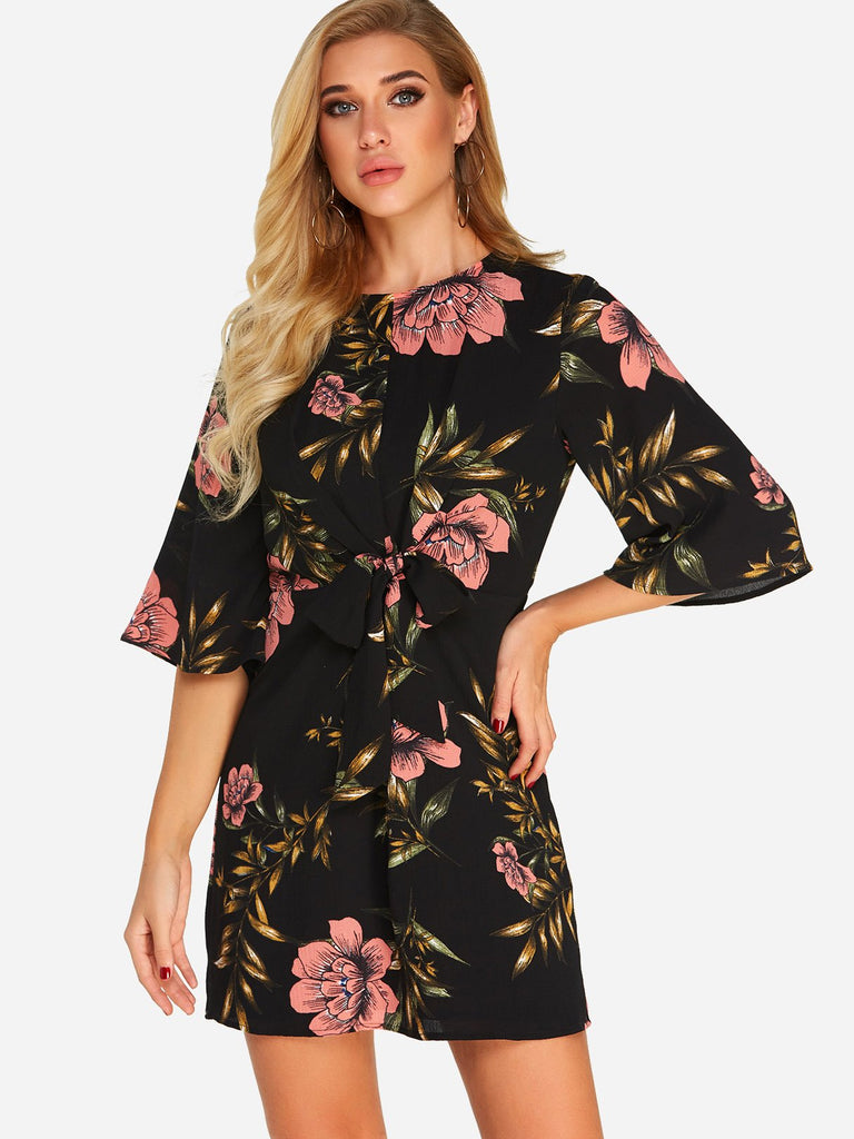 Crew Neck Half Sleeve Floral Print Self-Tie Mini Dress