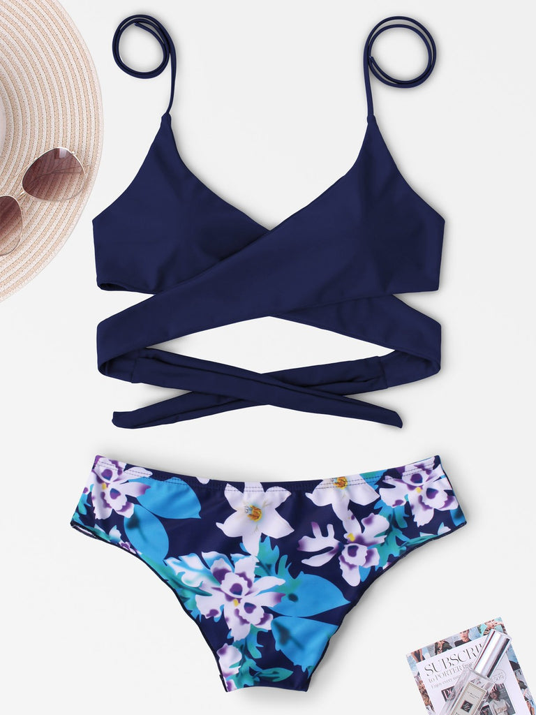 Navy V-Neck Sleeveless Printed Lace-Up Bikinis