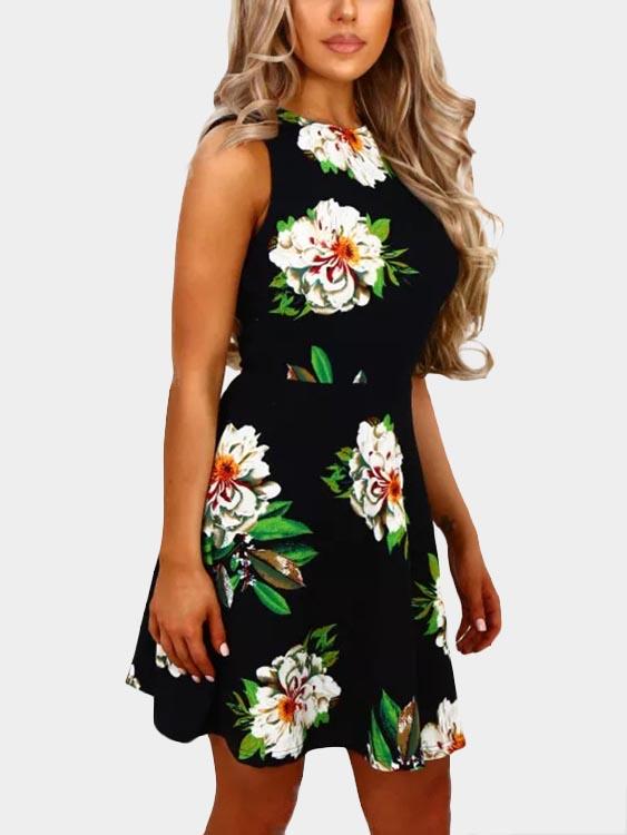 Black Round Neck Sleeveless Floral Print Zip Back Dresses