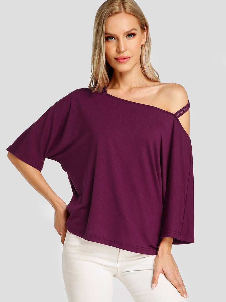 Off The Shoulder Plain Backless 3/4 Length Sleeve Purple T-Shirts