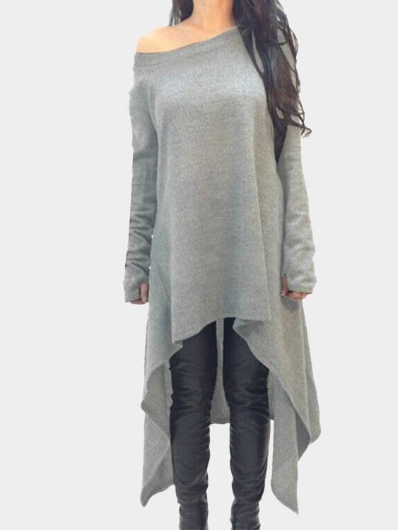 Gray Off The Shoulder Long Sleeve Plain Irregular Hem Casual Dresses