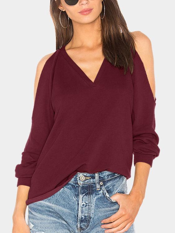 V-Neck Cold Shoulder Cut Out Long Sleeve Burgundy T-Shirts