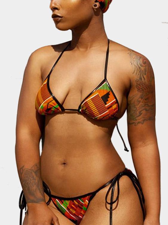 Halter Sleeveless Floral Print Backless Wireless Two Piece Bikinis