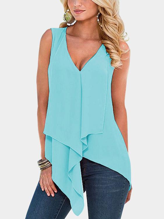 V-Neck Tiered Sleeveless Irregular Hem Tank Top