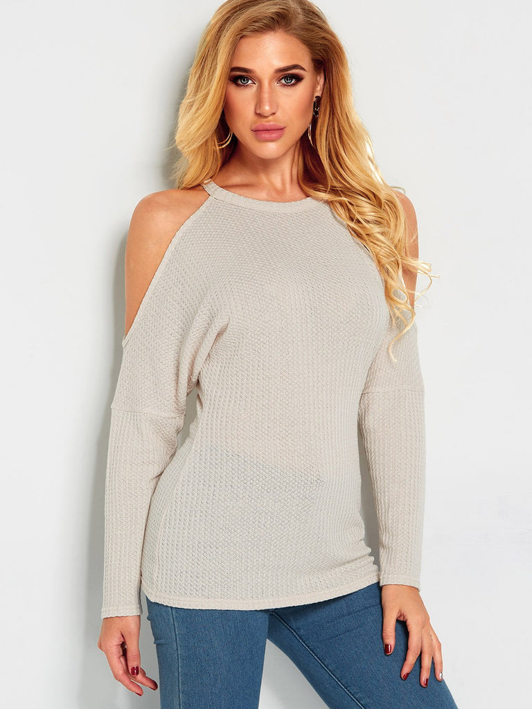 Cold Shoulder Plain Cut Out Long Sleeve Beige T-Shirts
