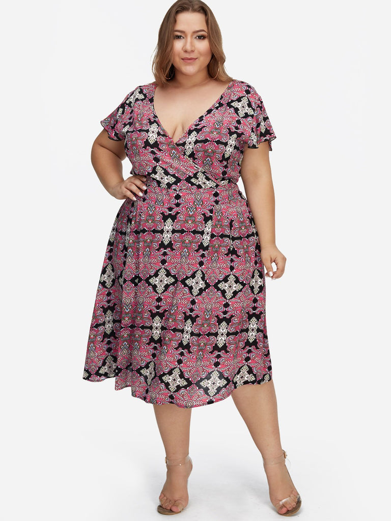 V-Neck Vintage Floral Print Short Sleeve Flounced Hem Rose Plus Size Dresses