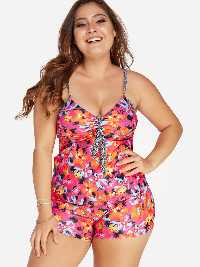 V-Neck Floral Print Backless Spaghetti Strap Sleeveless Plus Size Swimwear