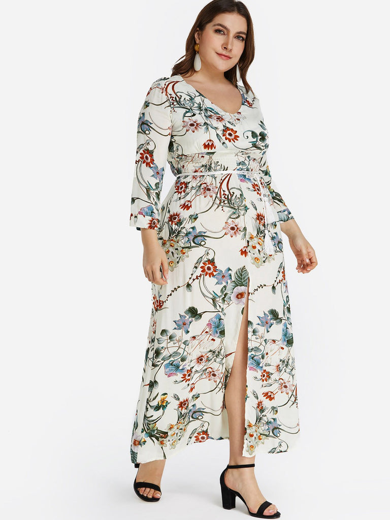 V-Neck Floral Print Self-Tie Slit Hem Plus Size Dress