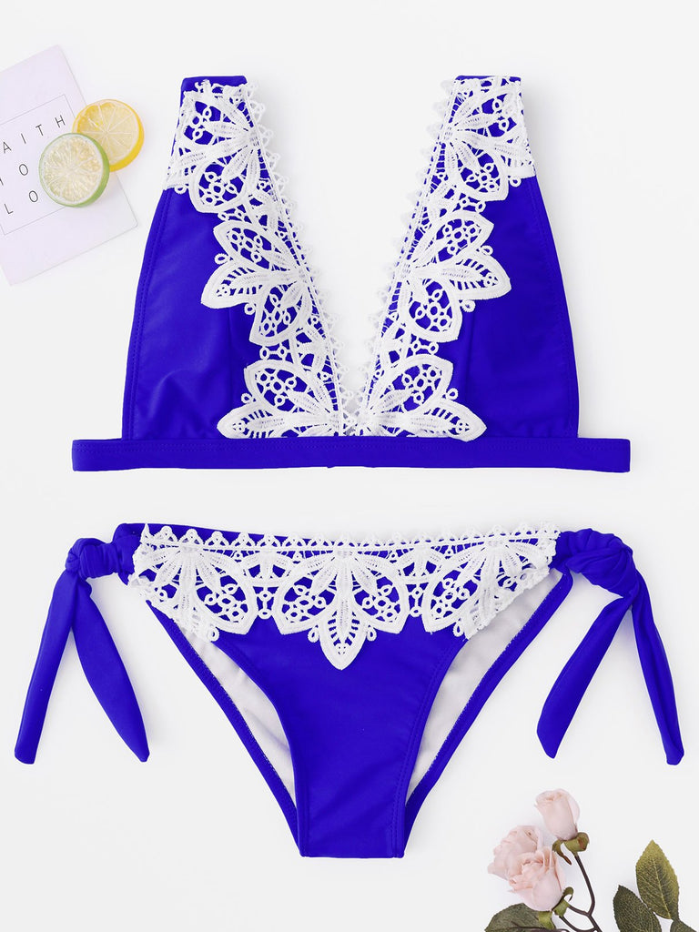 Blue V-Neck Sleeveless Lace Wireless Two Piece Bikinis
