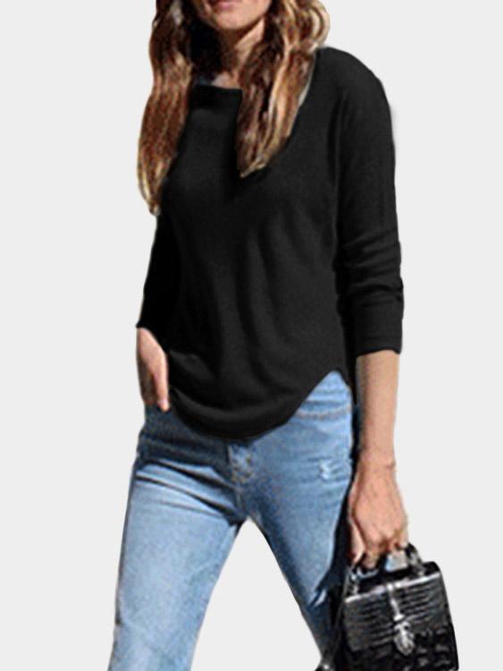 Round Neck Slit Long Sleeve Irregular Curved Hem Black T-Shirts