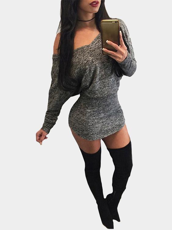 Grey One Shoulder Long Sleeve Curved Hem Mini Dress