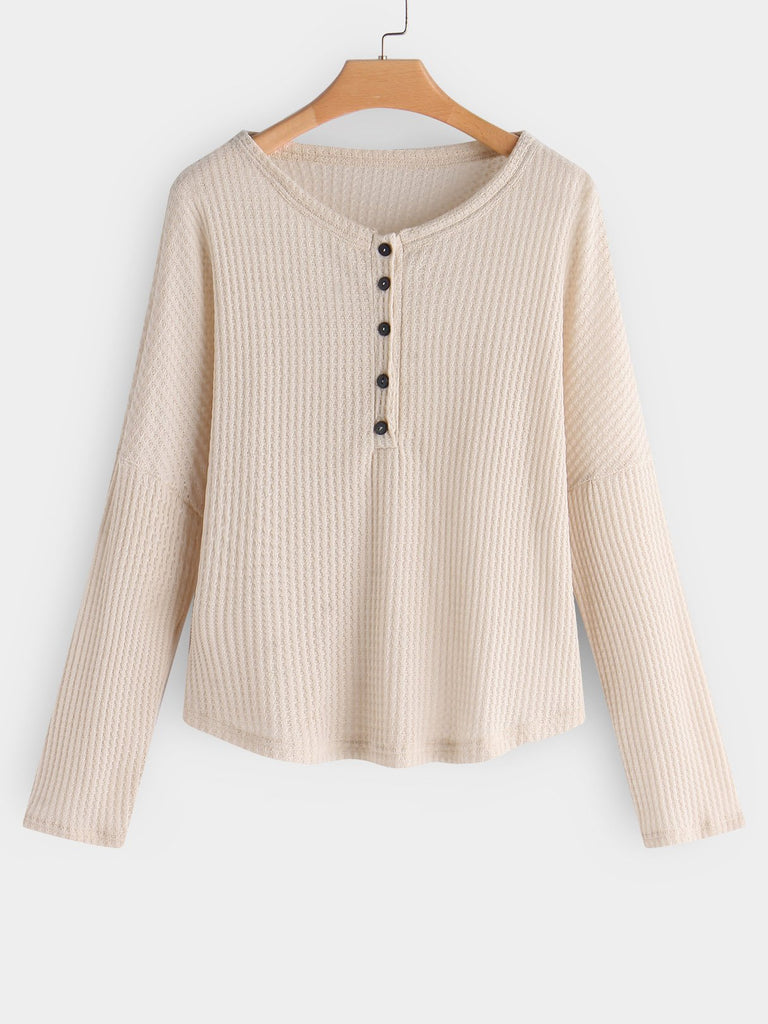 Round Neck Plain Long Sleeve Apricot T-Shirts