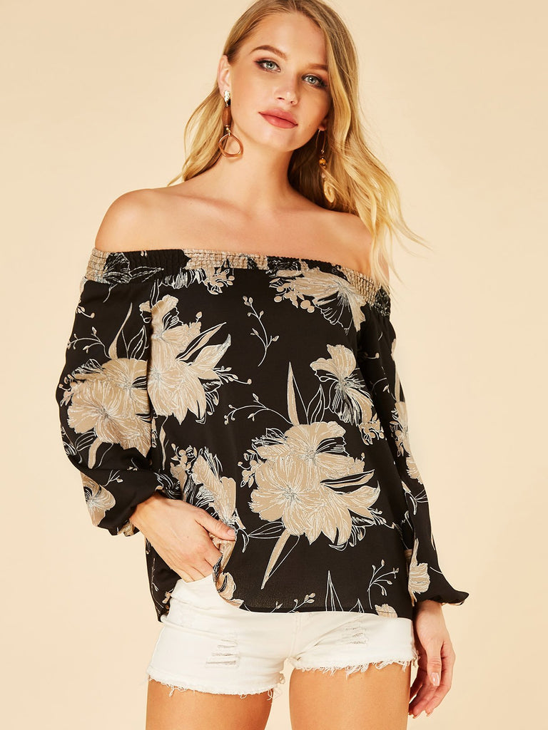 Off The Shoulder Floral Print Long Sleeve Black Blouse