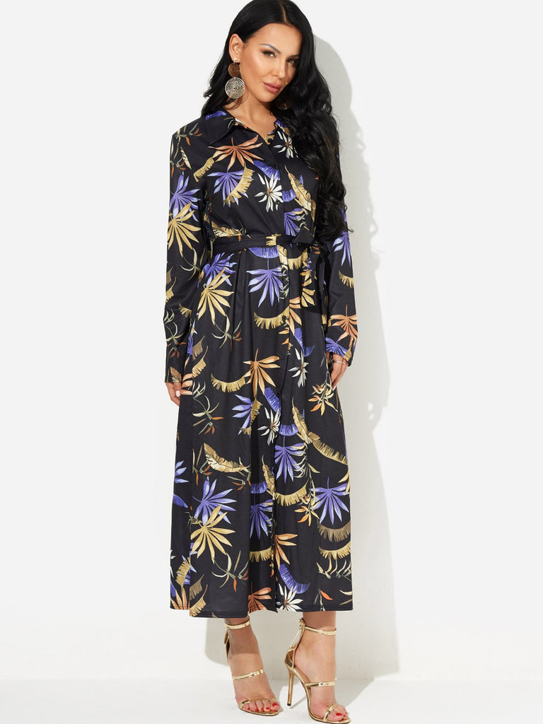 Black Classic Collar Long Sleeve Floral Print Self-Tie Slit Hem Dress