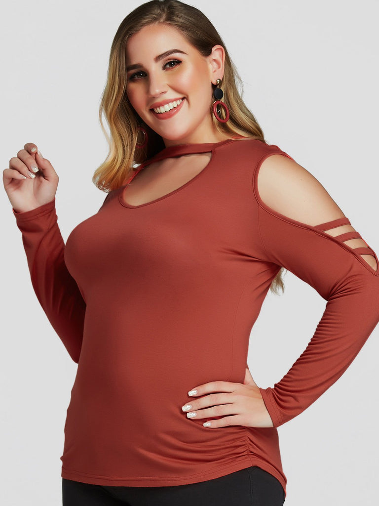 Plain Cut Out Long Sleeve Coral Plus Size Tops