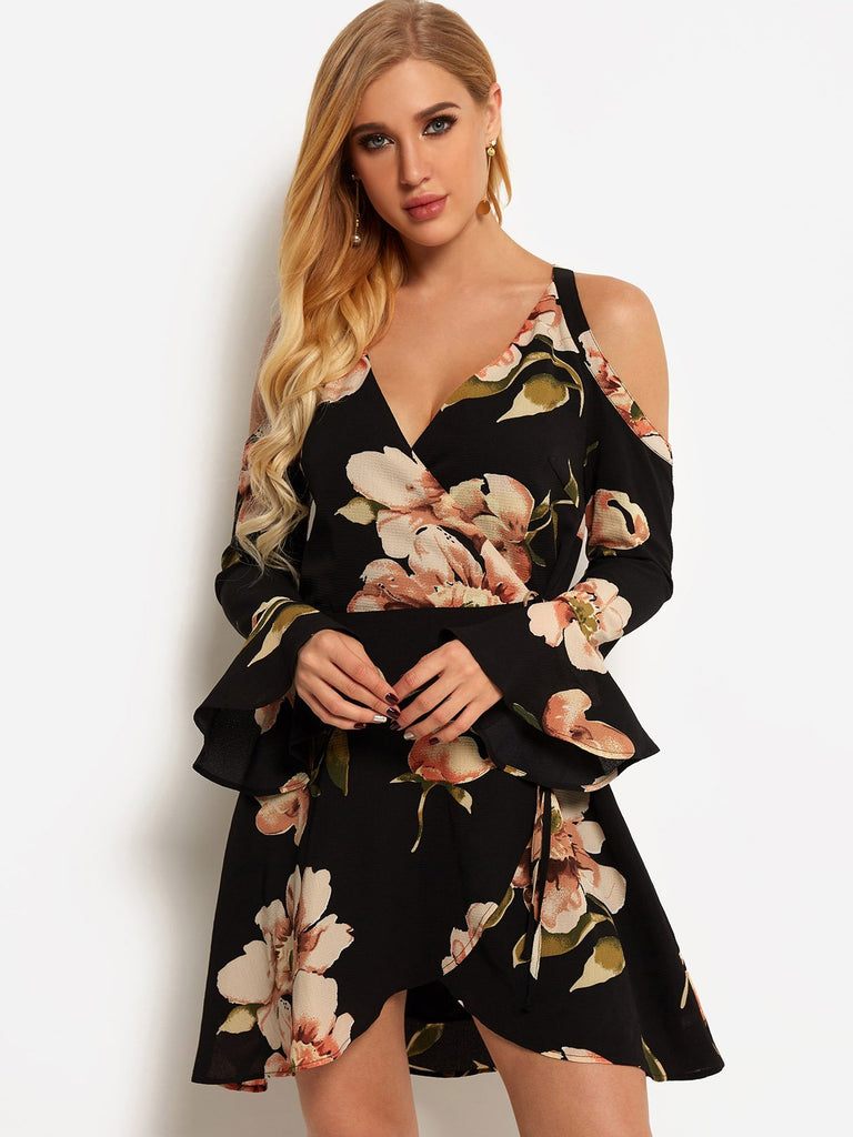 Black V-Neck Cold Shoulder Long Sleeve Floral Print Self-Tie Criss-Cross Flounced Hem Dresses