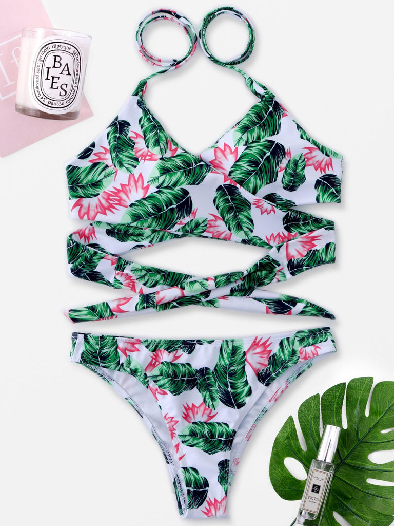 Green V-Neck Sleeveless Printed Crossed Front Lace-Up Two Piece Bikinis