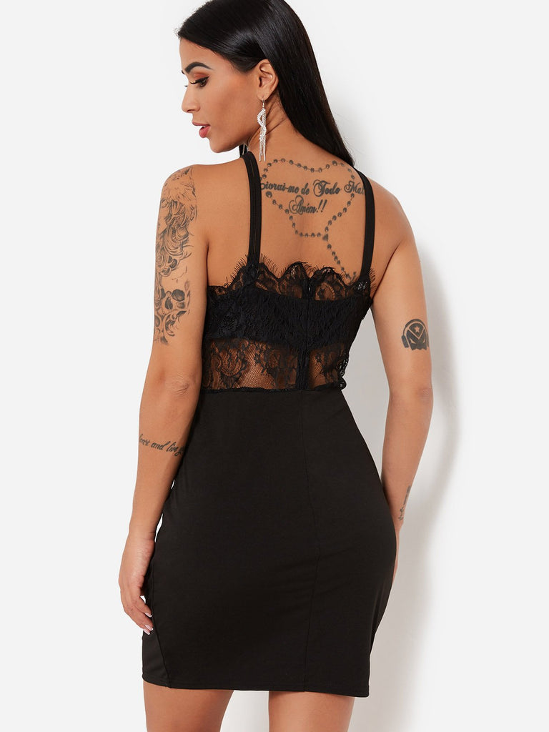 Black Halter Sleeveless Lace Backless Mini Dress