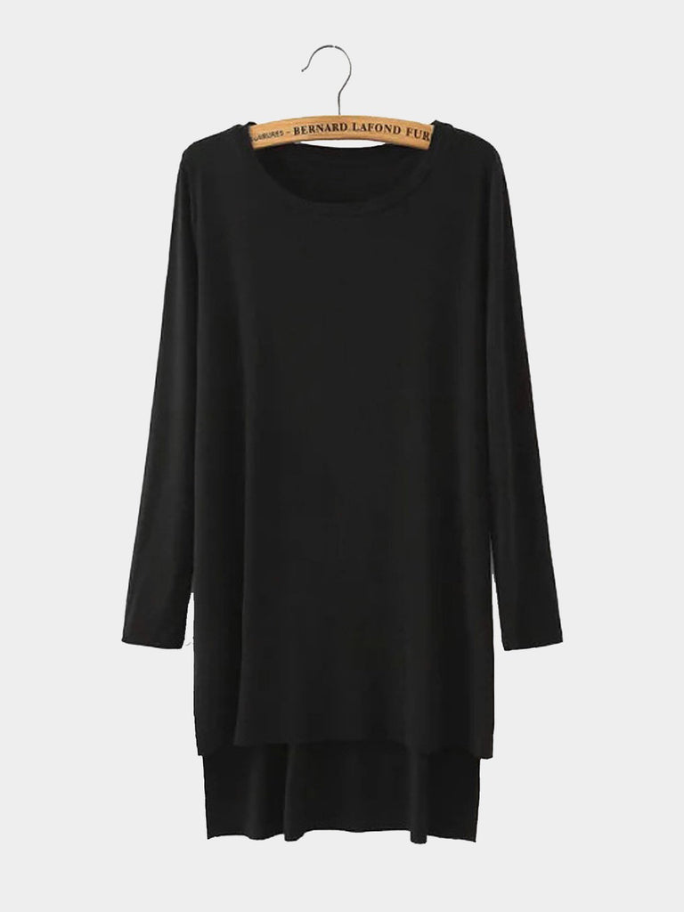 Round Neck Long Sleeve Slit Hem Black Top