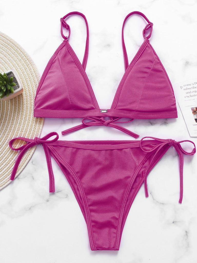 Red V-Neck Sleeveless Lace-Up Bikinis