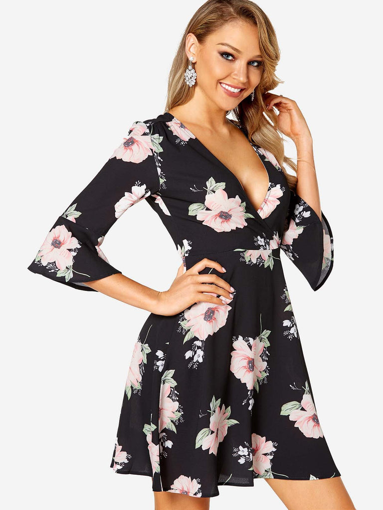Black V-Neck 3/4 Sleeve Length Floral Print Crossed Front Mini Dress