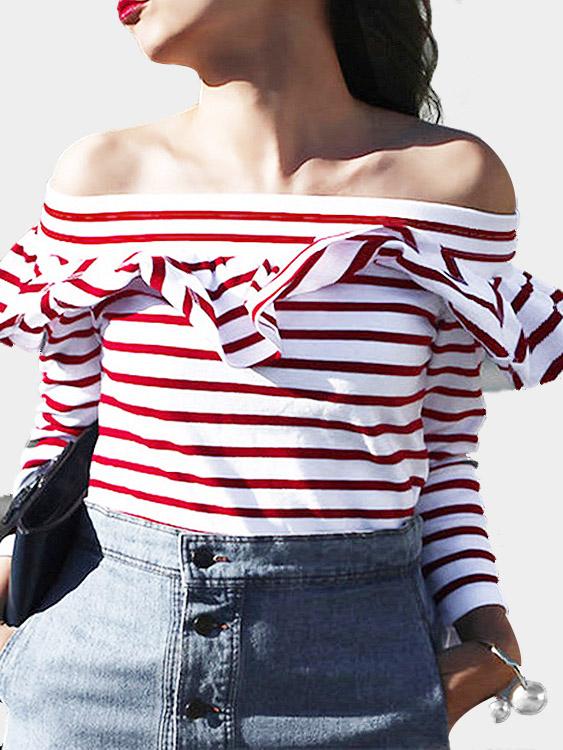 Off The Shoulder Stripe Long Sleeve Red T-Shirts