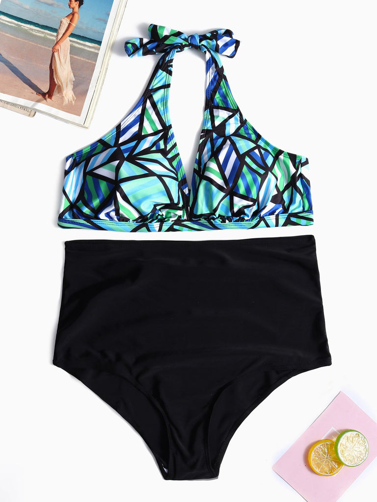 V-Neck Geometrical Backless Sleeveless Plus Size Swimwear