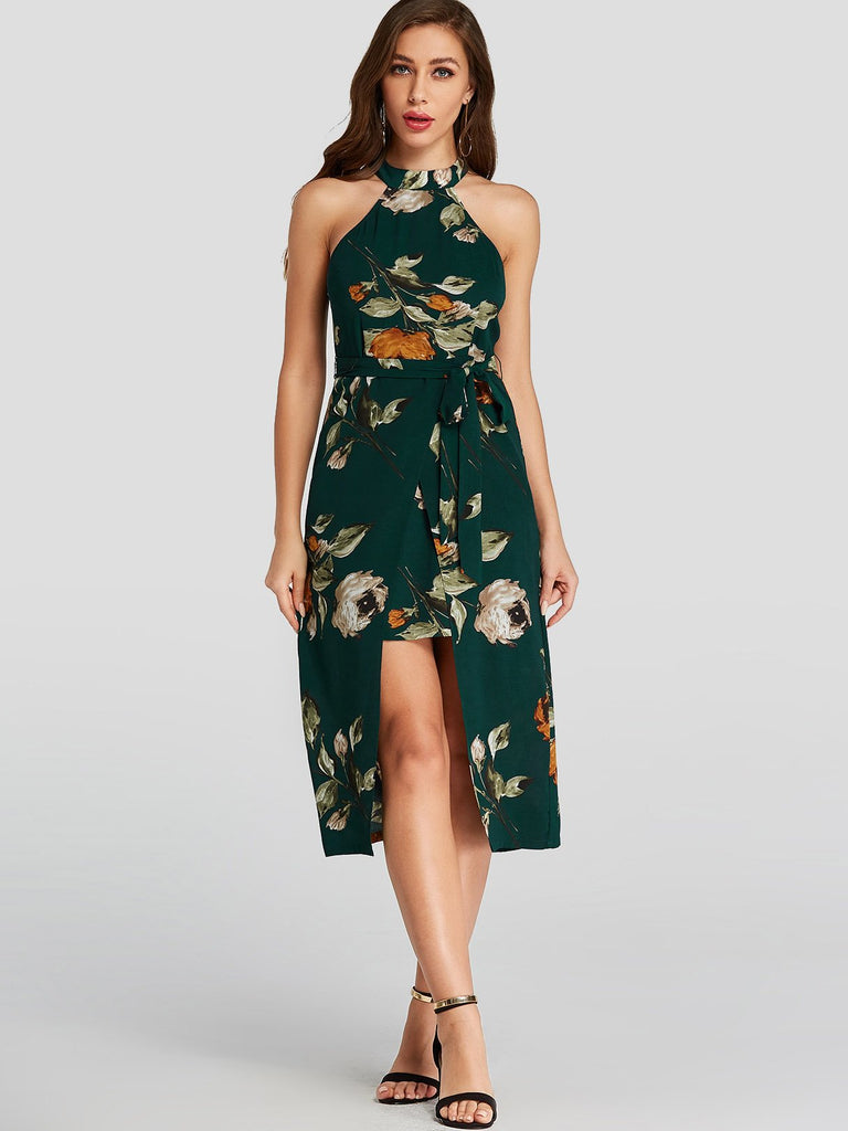 Green Halter Sleeveless Floral Print Self-Tie Slit Hem Dresses