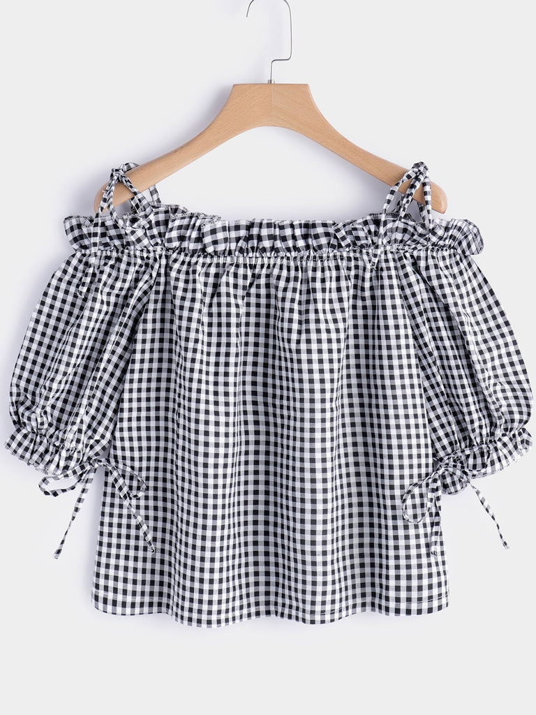 Off The Shoulder Grid Lace-Up 3/4 Sleeve Black Blouses