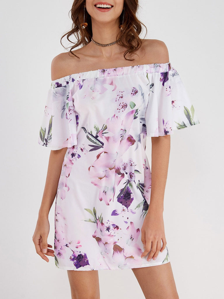 White Off The Shoulder Floral Print Mini Dresses