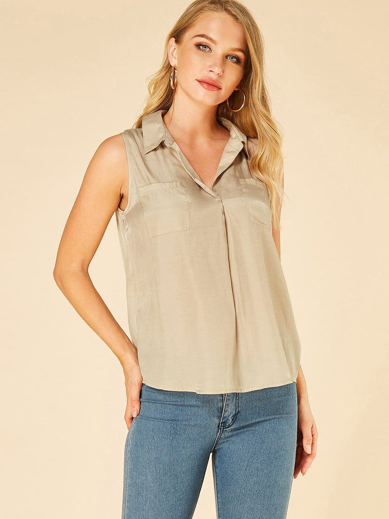 Lapel Collar Plain Sleeveless Apricot Blouses