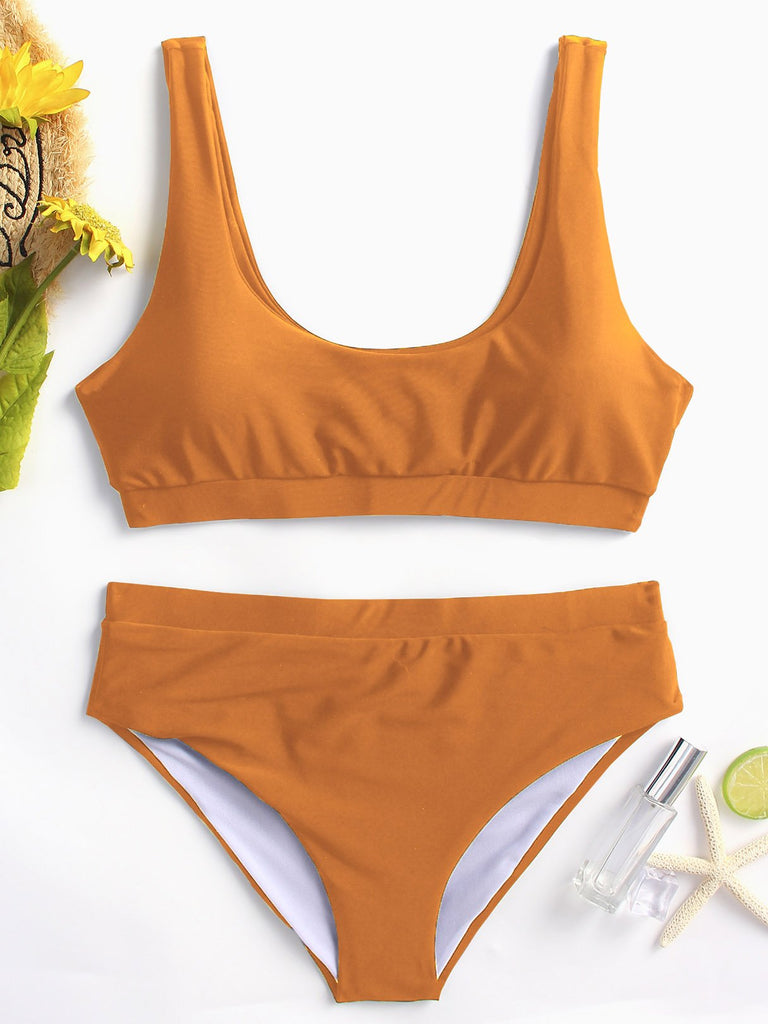 Orange Sleeveless Plain Spaghetti Strap Two Piece Bikinis