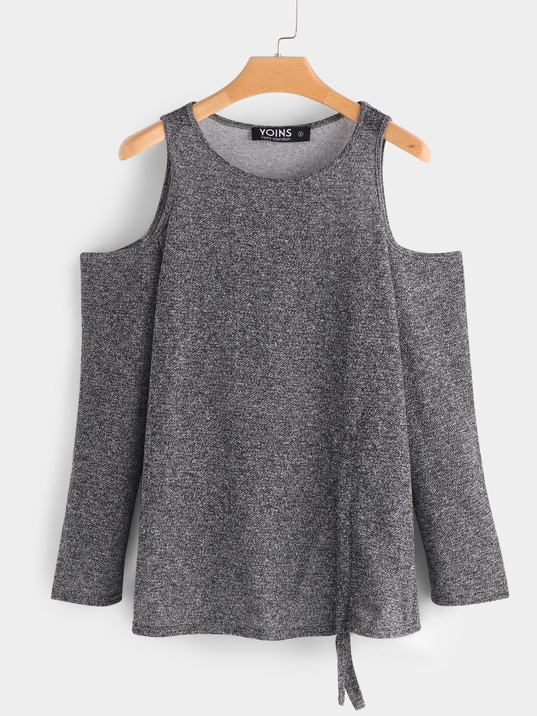 Round Neck Cold Shoulder Plain Long Sleeve Grey T-Shirts