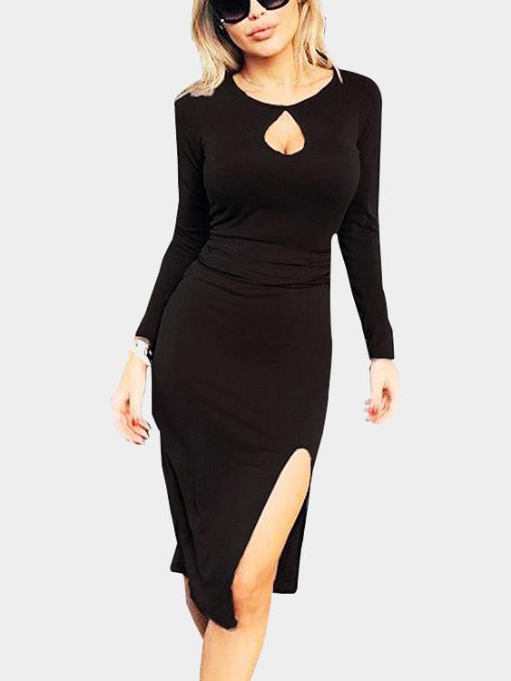 Black Round Neck Long Sleeve Cut Out Slit Hem Dresses