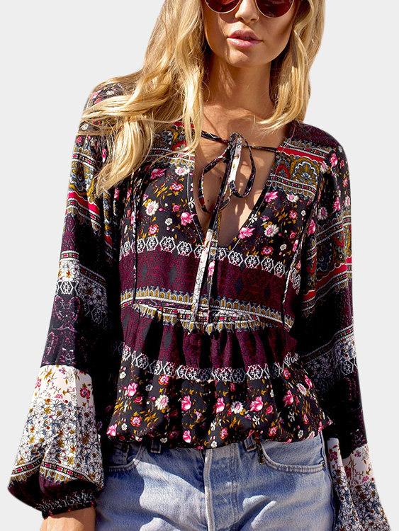 Deep V Neck Printed Long Sleeve Blouses