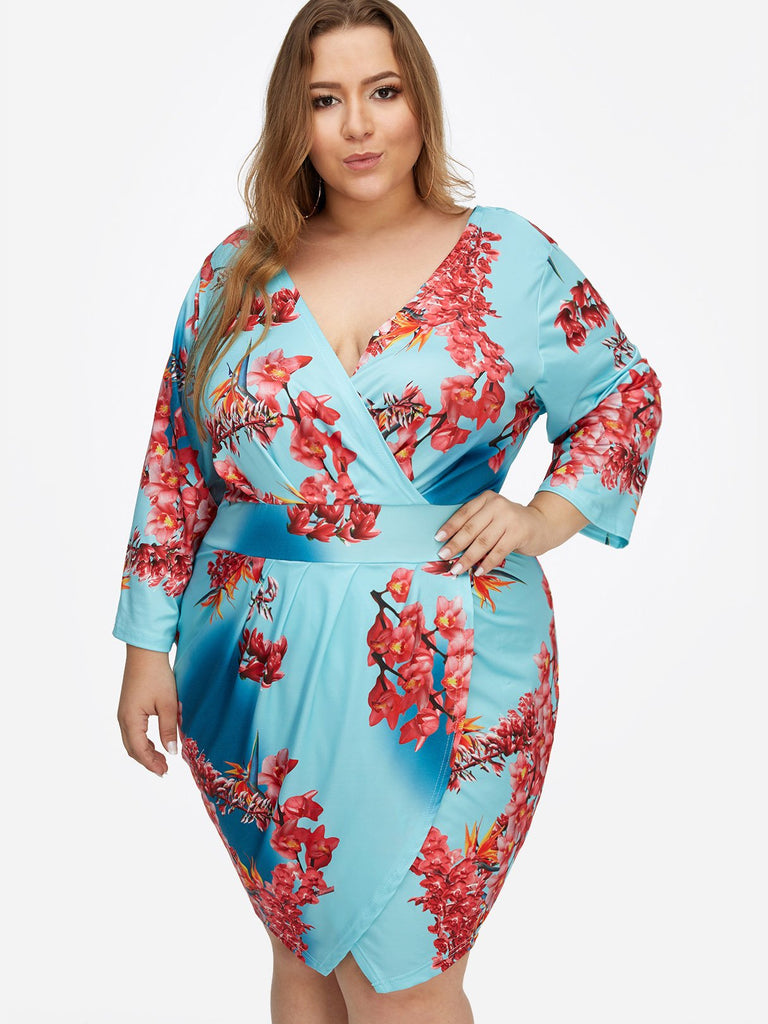 V-Neck Floral Print Long Sleeve Curved Hem Blue Plus Size Dresses