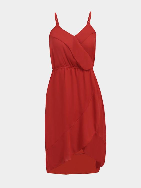 Red Frill Neck Sleeveless Spaghetti Strap Irregular Hem Chiffon Dresses