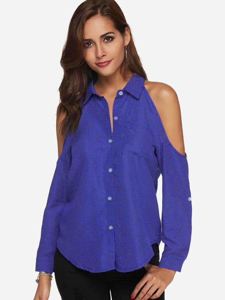 Cold Shoulder Polka Dot Long Sleeve Blouses