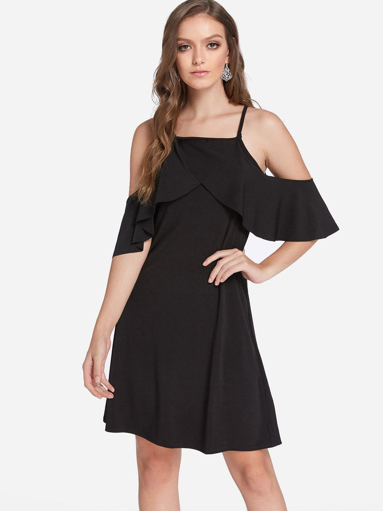 Black Halter Cold Shoulder Plain Tiered Casual Dresses