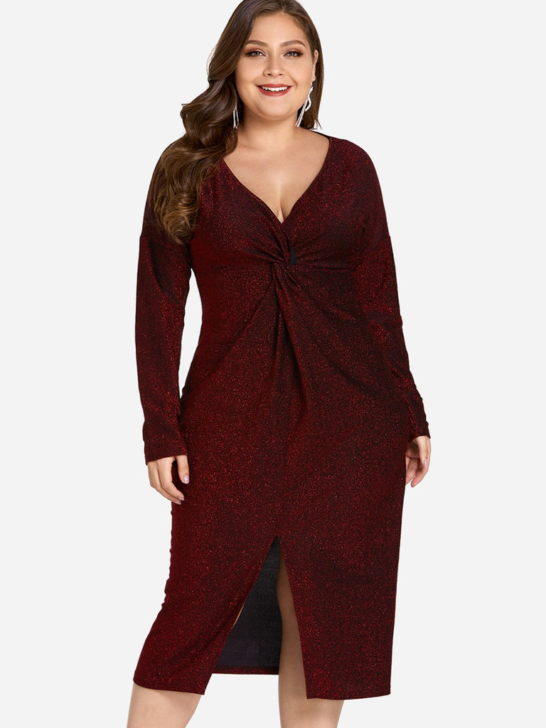 V-Neck Plain Twist Long Sleeve Slit Hem Red Plus Size Dress