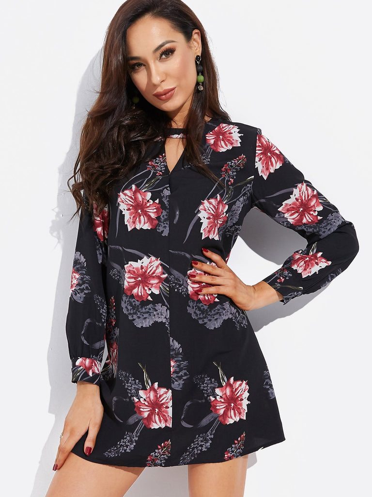 Black Crew Neck Long Sleeve Floral Print Cut Out Dresses