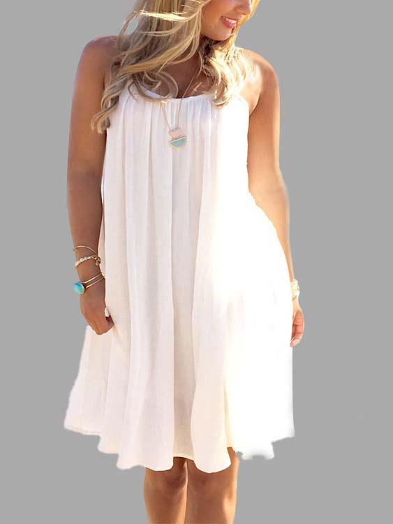 White Round Neck Sleeveless Plain Lace Backless Chiffon Dress