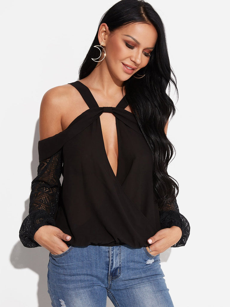 V-Neck Cold Shoulder Crossed Front Backless Hollow Long Sleeve Black Blouses