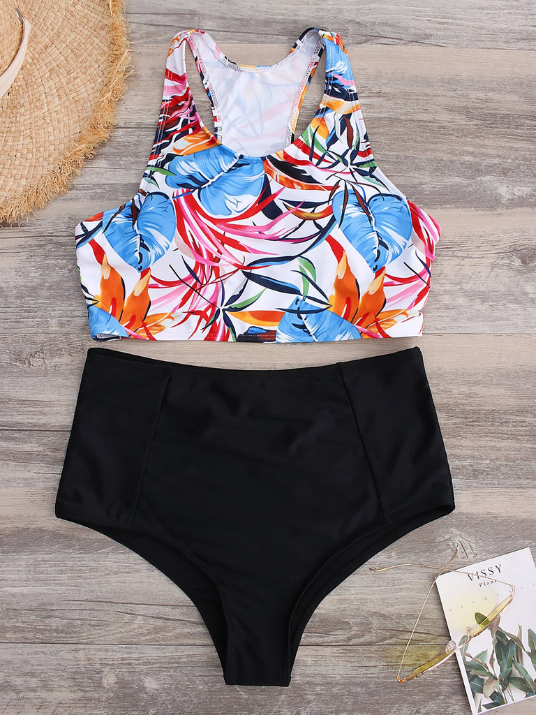 Round Neck Grid Floral Print Backless Sleeveless Bikini Set