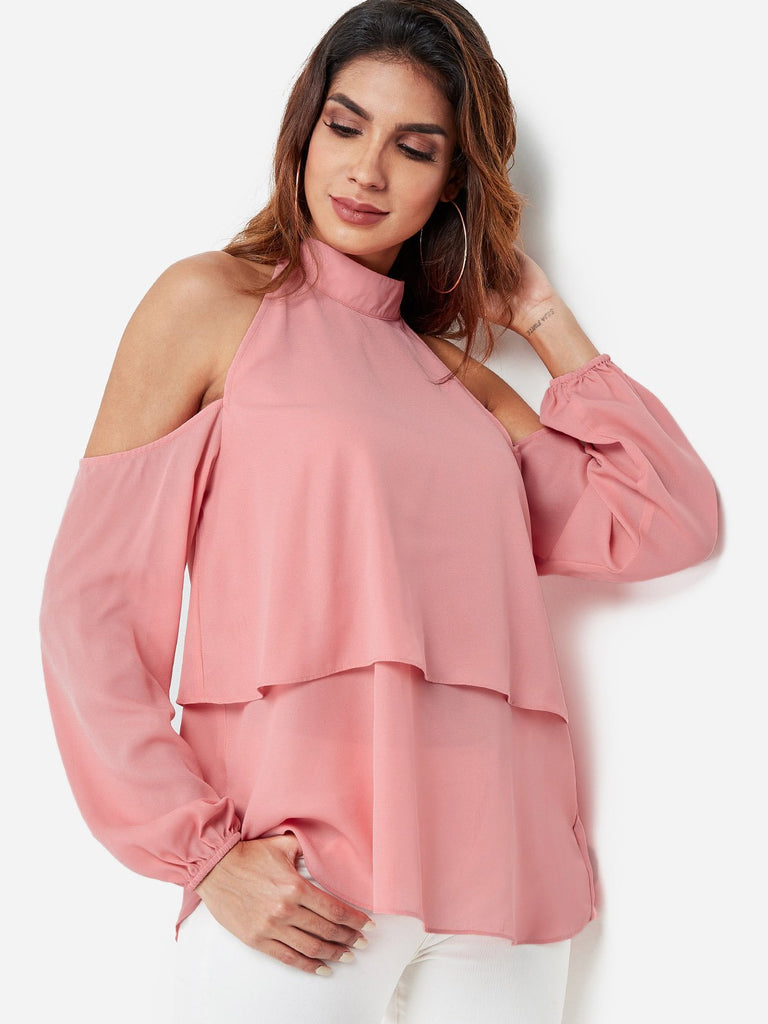 Halter Cold Shoulder Cut Out Long Sleeve Pink Blouses