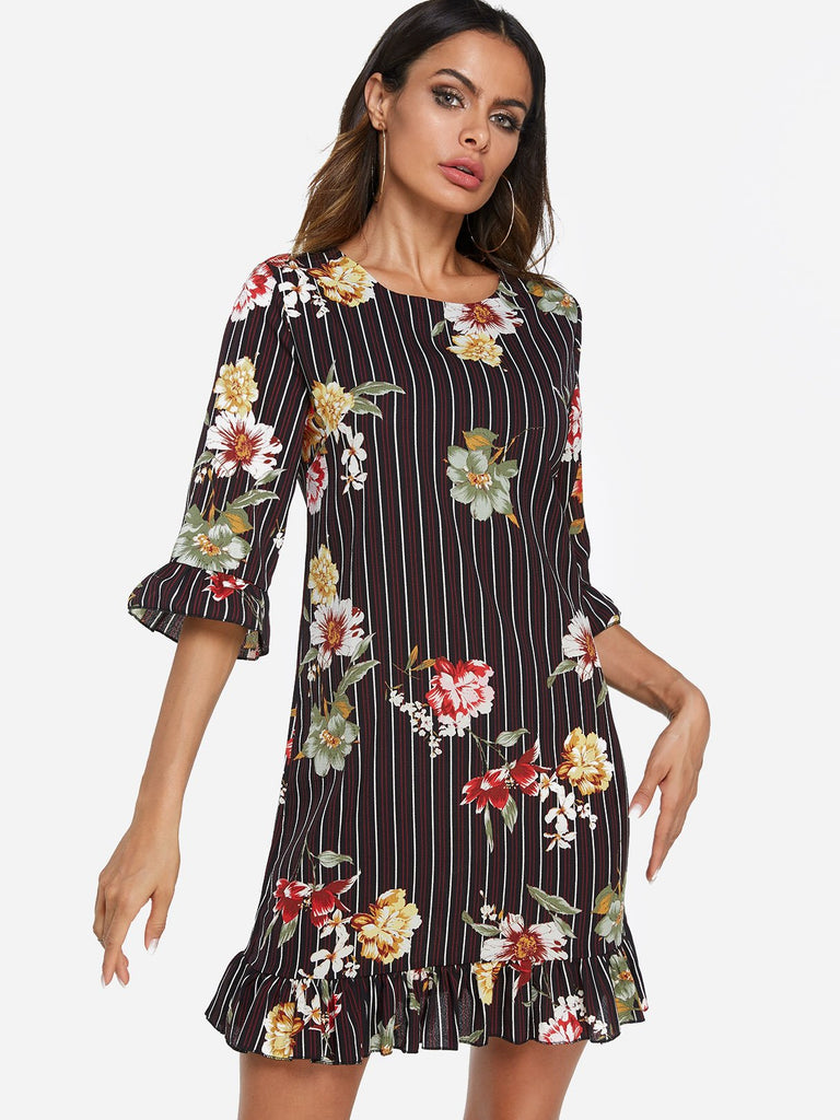 Black Round Neck Half Sleeve Stripe Floral Print Zip Back Flounced Hem Dresses