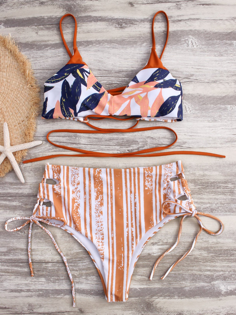 V-Neck Floral Print Lace-Up Criss-Cross Sleeveless High-Waisted Bikinis