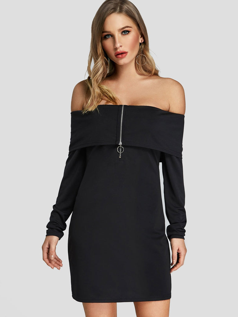 Black Off The Shoulder Long Sleeve Plain Zip Back Dresses