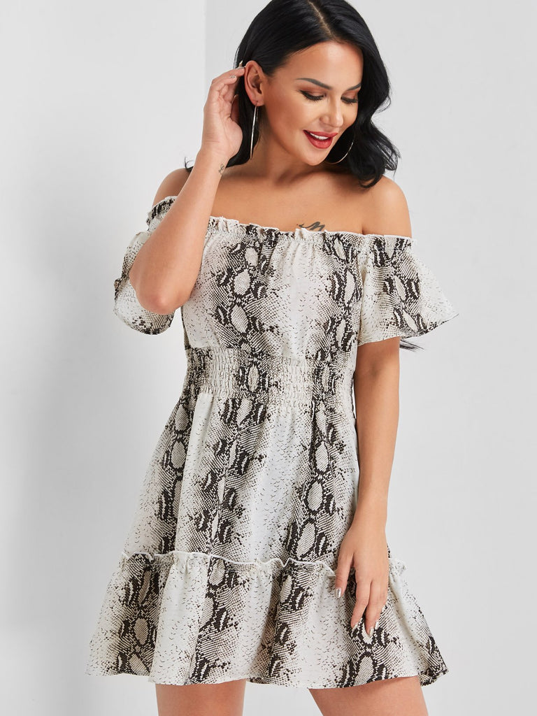 Grey Off The Shoulder Short Sleeve Snake Flounced Hem Mini Dress